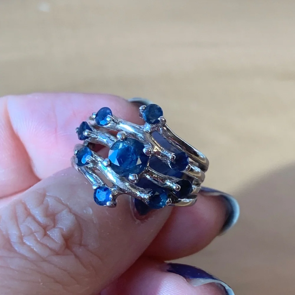 GENUINE BLUE SAPPHIRE 925 STERLING SILVER WIDE BAND RING